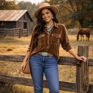 Easel Brown Velvet Button-Up Top